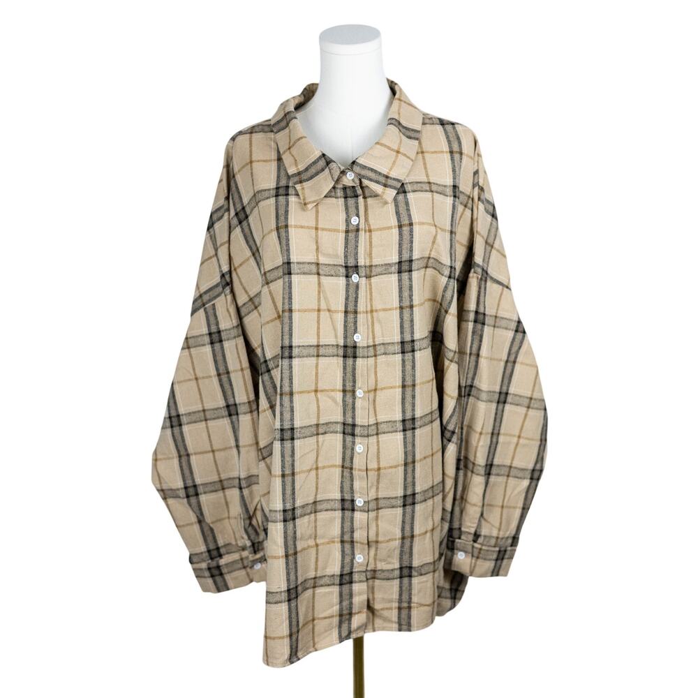 Shein Fit 32/34 Flannel Plaid ShirLong Sleeve Tan Black